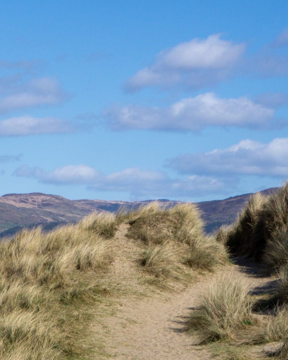 A sandy path through the dunes at Ynyslas towards the hills